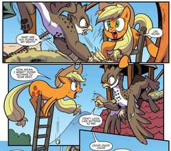 Size: 967x856 | Tagged: safe, artist:pencils, idw, official comic, applejack, grievance, earth pony, griffon, pony, g4, spoiler:comic, spoiler:comic70, angry, beak, comic, cowboy hat, cropped, dialogue, female, floppy ears, flying, freckles, hair tie, hat, irony, ladder, mare, nest, open mouth, paw pads, paws, speech bubble, spread wings, stetson, this will end in pain, wings