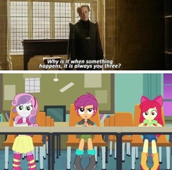 Size: 596x589 | Tagged: safe, edit, screencap, apple bloom, scootaloo, sweetie belle, equestria girls, g4, happily ever after party, happily ever after party: rarity, my little pony equestria girls: better together, clothes, cutie mark crusaders, harry potter (series), harry potter and the half-blood prince, mame, meme, professor mcgonagall, skirt, why is it when something happens