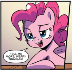 Size: 376x365 | Tagged: safe, artist:pencils, idw, official comic, pinkie pie, earth pony, pony, g4, spoiler:comic, spoiler:comic70, cropped, female, mare, reaction image, speech bubble