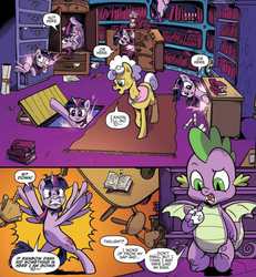 Size: 946x1025 | Tagged: safe, artist:pencils, idw, official comic, goldie delicious, spike, twilight sparkle, alicorn, dragon, earth pony, pony, g4, spoiler:comic, spoiler:comic70, angry, ball, comic, cropped, derp, female, library, male, mare, speech bubble, table flip, teleportation, tongue out, twilight sparkle (alicorn), winged spike, wings
