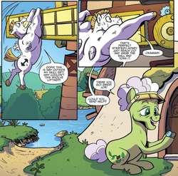 Size: 979x969 | Tagged: safe, artist:pencils, idw, official comic, auntie applesauce, bulk biceps, earth pony, pegasus, pony, g4, spoiler:comic, spoiler:comic70, comic, cropped, duo, female, male, mare, speech bubble, stallion, windmill