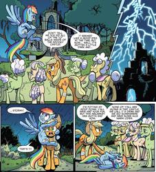 Size: 853x940 | Tagged: safe, artist:pencils, idw, official comic, apple rose, applejack, auntie applesauce, goldie delicious, granny smith, rainbow dash, earth pony, pegasus, pony, g4, spoiler:comic, spoiler:comic70, castle of the royal pony sisters, comic, cropped, female, flying, gold horseshoe gals, lightning, mare, on back, speech bubble, thunderstorm