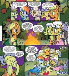 Size: 932x1025 | Tagged: safe, artist:pencils, idw, official comic, apple bloom, apple rose, applejack, auntie applesauce, goldie delicious, granny smith, rainbow dash, earth pony, pegasus, pony, g4, spoiler:comic, spoiler:comic70, blanket, campfire, comic, cropped, cute, female, gold horseshoe gals, mare, speech bubble