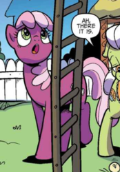 Size: 311x446 | Tagged: safe, artist:pencils, idw, official comic, cheerilee, granny smith, earth pony, pony, g4, spoiler:comic, spoiler:comic70, cheeribetes, cropped, cute, female, ladder, looking up, mare, solo focus, speech bubble