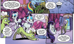 Size: 839x498 | Tagged: safe, artist:pencils, idw, official comic, auntie applesauce, rainbow dash, rarity, earth pony, pony, unicorn, g4, spoiler:comic, spoiler:comic70, clothes, comic, cropped, dress, female, mare, speech bubble, voice actor joke