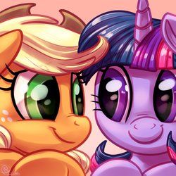 Size: 1800x1800 | Tagged: safe, artist:whitediamonds, applejack, twilight sparkle, pony, g4, cute, eye contact, female, jackabetes, lesbian, looking at each other, mare, ship:twijack, shipping, smiling, twiabetes