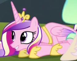 Size: 350x277 | Tagged: safe, screencap, princess cadance, princess celestia, alicorn, pony, equestria games (episode), g4, crouching, cute, cutedance, female, folded wings, hoof shoes, mare, slender, solo focus, thin, wings