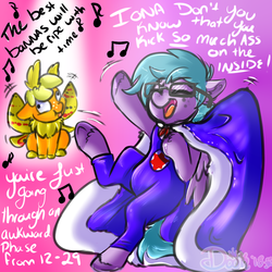 Size: 920x920 | Tagged: safe, artist:lildooks, oc, oc:dipsy, oc:iona, pony, butterfly wings, cape, clothes, danny don't you know, danny sexbang, derp, encouragement, explicit source, glasses, happy, lyrics, ninja sex party, ponified, singing, song reference, spandex, text, wings