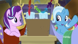 Size: 1920x1080 | Tagged: safe, screencap, starlight glimmer, trixie, pony, unicorn, g4, road to friendship, discovery family logo, duo, female, flower, hammock, mare, smiling, trixie's wagon