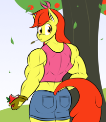 Size: 1000x1154 | Tagged: safe, artist:matchstickman, apple bloom, earth pony, anthro, matchstickman's apple brawn series, g4, apple, apple brawn, apple tree, ass, back muscles, biceps, bloom butt, butt, clothes, deltoids, falling leaves, female, fingerless gloves, food, gloves, jeans, leaves, looking at you, looking back, looking back at you, mare, midriff, muscles, older, older apple bloom, pants, short jeans, solo, sports bra, straw in mouth, sweet apple acres, tail, tail hole, tree, triceps