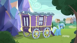 Size: 1920x1080 | Tagged: safe, screencap, trixie, pony, unicorn, g4, road to friendship, discovery family logo, female, mare, solo, trixie's wagon