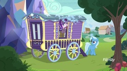 Size: 1920x1080 | Tagged: safe, screencap, starlight glimmer, trixie, pony, unicorn, g4, road to friendship, derp, discovery family logo, female, mare, smoke, trixie's wagon