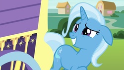 Size: 1920x1080 | Tagged: safe, screencap, trixie, pony, unicorn, g4, road to friendship, cute, diatrixes, female, floppy ears, grin, mare, smiling, solo, trixie's wagon