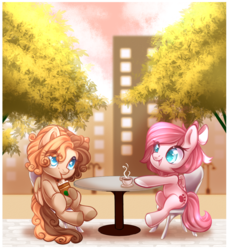 Size: 800x875 | Tagged: safe, artist:cabbage-arts, oc, oc only, cafe, chair, commission, cup, duo, female, table, tree, ych result