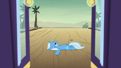Size: 1280x720 | Tagged: safe, screencap, trixie, pony, unicorn, g4, road to friendship, coconut tree, female, mare, on back, palm tree, road, solo, tree, trixie is not amused, unamused