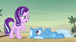 Size: 1280x720 | Tagged: safe, screencap, starlight glimmer, trixie, pony, unicorn, g4, road to friendship, coconut tree, crossed hooves, duo, female, hoof on chest, hooves to the chest, lying down, mare, on back, palm tree, tree