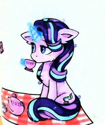 Size: 727x866 | Tagged: safe, artist:hihin1993, part of a set, starlight glimmer, pony, unicorn, g4, cup, female, floppy ears, glowing horn, horn, picnic, picnic blanket, sipping, sitting, solo, teacup