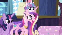 Size: 1280x720 | Tagged: safe, screencap, princess cadance, princess flurry heart, trixie, twilight sparkle, alicorn, pony, unicorn, g4, road to friendship, animated, aunt and niece, auntie twilight, baby, baby pony, cape, chest, clothes, female, flurry heart riding cadance, mare, mother and daughter, ponies riding ponies, pony hat, riding, sisters-in-law, sound, stage, trixie's cape, trixie's wagon, twilight sparkle (alicorn), wagon, webm
