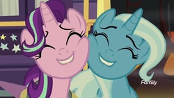 Size: 1600x900 | Tagged: safe, screencap, starlight glimmer, trixie, pony, unicorn, g4, road to friendship, cheek to cheek, discovery family logo, duo, eyes closed, female, mare, smiling