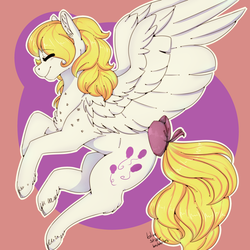 Size: 2500x2500 | Tagged: safe, artist:bluestarbubbles, artist:dark--drawz, surprise, pegasus, pony, g1, g4, abstract background, bow, cutie mark, eyes closed, female, g1 to g4, generation leap, high res, mare, smiling, solo, spread wings, tail bow, wings