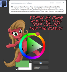 Size: 800x855 | Tagged: safe, artist:hewison, oc, oc only, oc:pun, earth pony, pony, ask pun, ask, color wheel, female, mare, solo
