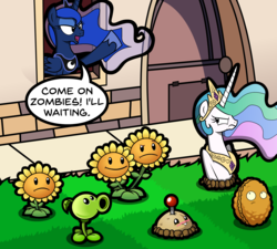 Size: 2019x1814 | Tagged: safe, artist:kingtoby19, princess celestia, princess luna, alicorn, pony, g4, celestia is not amused, female, flower, grammar error, mare, peashooter, plants vs zombies, potato mine, sunflower, sunflower (plants vs zombies), this will end in banishment, this will end in tears and/or a journey to the moon, twin sunflower, unamused, wall-nut