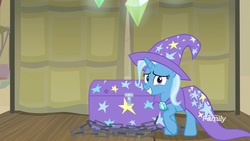 Size: 1920x1080 | Tagged: safe, screencap, trixie, pony, unicorn, g4, road to friendship, cape, chains, clothes, discovery family logo, female, hat, mare, solo, trixie's cape, trixie's hat