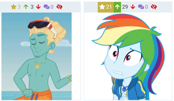 Size: 719x418 | Tagged: safe, artist:sketchmcreations, rainbow dash, zephyr breeze, derpibooru, blue crushed, equestria girls, equestria girls series, g4, rollercoaster of friendship, clothes, eyes closed, female, geode of super speed, juxtaposition, magical geodes, male, meta, nervous, partial nudity, smiling, sunglasses, sweat, sweatdrop, topless