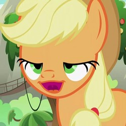 Size: 858x859 | Tagged: safe, screencap, applejack, earth pony, pony, g4, season 8, sounds of silence, appul, cropped, faic, female, great moments in animation, lidded eyes, mare, mawshot, mid-blink screencap, open mouth, ponyface, smiling, solo, uvula, wat