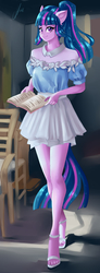 Size: 992x2700 | Tagged: safe, artist:xjenn9, twilight sparkle, anthro, plantigrade anthro, g4, ambiguous facial structure, beautiful, book, clothes, feet, female, high heels, legs, looking at you, open-toed shoes, ponytail, shoes, skirt, smiling, solo, toes