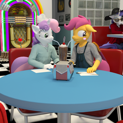 Size: 1800x1800 | Tagged: safe, artist:tahublade7, rarity, scootaloo, sweetie belle, pegasus, unicorn, anthro, g4, 3d, blush sticker, blushing, cafe, chair, cherry, clothes, commission, daz studio, drink, female, floppy ears, food, fruit, glass, jukebox, lesbian, milkshake, sharing a drink, ship:scootabelle, shipping, sitting, straw, table