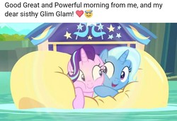 Size: 717x489 | Tagged: safe, edit, edited screencap, screencap, starlight glimmer, trixie, pony, unicorn, g4, road to friendship, cheek squish, cheek to cheek, cute, diatrixes, duo, eye contact, female, floating, friendshipping, ghastly gorge, glimmerbetes, i guess we're stuck together, inflatable, inflatable raft, looking at each other, mare, prone, raft, river, shipping fuel, smiling, snuggling, squished, squishy, squishy cheeks, trixie's wagon, water, we're friendship bound