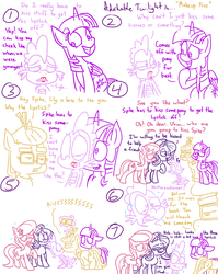 Size: 1280x1611 | Tagged: safe, artist:adorkabletwilightandfriends, lily, lily valley, moondancer, spike, starlight glimmer, twilight sparkle, alicorn, dragon, earth pony, pony, unicorn, comic:adorkable twilight and friends, g4, adorkable, adorkable twilight, blushing, comic, cute, dork, female, humor, kissing, lineart, lip balm, lipstick, male, ship:lilyspike, ship:sparlight, ship:spikedancer, shipping, shipping denied, spike gets all the mares, straight, surprise kiss, surprised, twilight sparkle (alicorn)