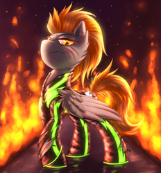 Size: 2340x2520 | Tagged: safe, artist:shad0w-galaxy, lightning dust, pegasus, pony, g4, the washouts (episode), badass, blood, clothes, cut, female, fire, high res, mare, scar, solo, torn clothes, uniform, washouts uniform