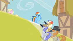 Size: 1920x1080 | Tagged: safe, screencap, long shot, press pass, press release (g4), rainbow dash, snappy scoop, pegasus, pony, g4, the mysterious mare do well, butt, camera, female, hat, mare, plot