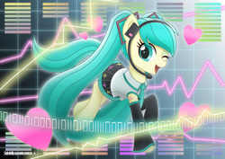 Size: 2088x1476 | Tagged: safe, artist:liu ting, pony, clothes, crossover, female, hatsune miku, headset, mare, one eye closed, ponified, smiling, solo, vocaloid, wink