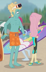 Size: 280x435 | Tagged: safe, screencap, fluttershy, rainbow dash, zephyr breeze, blue crushed, equestria girls, equestria girls series, g4, animation error, awkward, barefoot, brother and sister, clothes, cropped, feet, female, fluttershy's wetsuit, male, male feet, male nipples, nipples, out of context, partial nudity, shorts, sunglasses, surfboard, swimming trunks, swimsuit, topless, wetsuit