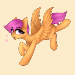 Size: 3800x3800 | Tagged: safe, artist:sukiskuki, scootaloo, pegasus, pony, g4, blank flank, cute, cutealoo, eye clipping through hair, eyebrows, eyebrows visible through hair, feathered wings, female, filly, floating heart, foal, heart, high res, open mouth, simple background, solo, spread wings, wings