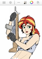 Size: 1438x2037 | Tagged: safe, artist:z-y-c, sunset shimmer, human, g4, alternate hairstyle, assault rifle, female, fn scar, gun, humanized, lipstick, rifle, weapon