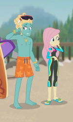 Size: 301x503 | Tagged: safe, screencap, fluttershy, zephyr breeze, blue crushed, equestria girls, equestria girls series, g4, arm behind head, barefoot, clothes, cropped, feet, female, fluttershy's wetsuit, male, male feet, male nipples, nipples, partial nudity, sandals, shorts, sunglasses, swimming trunks, swimsuit, topless, wetsuit, zephyr's necklace
