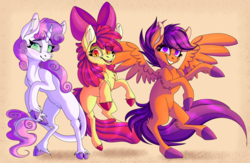 Size: 6951x4524 | Tagged: safe, artist:plaguedogs123, apple bloom, scootaloo, sweetie belle, classical unicorn, earth pony, pegasus, pony, unicorn, g4, absurd resolution, cloven hooves, cutie mark crusaders, horn, leonine tail, unshorn fetlocks