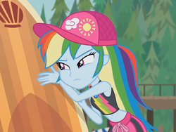 Size: 960x720 | Tagged: safe, screencap, gladys, rainbow dash, blue crushed, equestria girls, g4, my little pony equestria girls: better together, belly button, cap, clothes, cropped, female, geode of super speed, hat, he doesn't deserve you, magical geodes, stomach, swimsuit