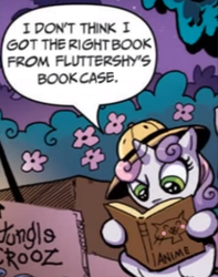 Size: 413x524 | Tagged: safe, artist:andypriceart, edit, editor:symphonic sync, idw, sweetie belle, pony, unicorn, g4, anime, book, comic, implied fluttershy, issue 1, otakushy