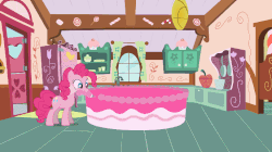 Size: 688x386 | Tagged: safe, artist:agrol, pinkie pie, earth pony, pony, g4, animated, bowl, cake, decorating, door, female, food, frosting, hoof hold, kitchen, mare, mouth hold, pan, pouring, smiling, solo, stool, sugarcube corner, window, working