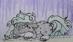 Size: 2617x1503 | Tagged: safe, artist:cloudsky14, oc, oc only, oc:lovesick, pony, cute, food, playful, solo, traditional art