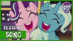 Size: 1280x720 | Tagged: safe, edit, edited screencap, screencap, starlight glimmer, trixie, pony, unicorn, g4, road to friendship, cheek to cheek, duo, eyes closed, female, mare, singing, thumbnail, we're friendship bound