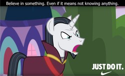 Size: 1920x1176 | Tagged: safe, edit, edited screencap, editor:leonidus, screencap, chancellor neighsay, pony, unicorn, g4, school daze, angry, believe in something, facial hair, goatee, image macro, male, meme, nike (brand), op is a duck, op is trying to start shit, open mouth, quote, solo, stallion, text