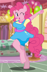 Size: 792x1224 | Tagged: safe, artist:flash equestria photography, pinkie pie, earth pony, anthro, unguligrade anthro, g4, balloon, clothes, cutie mark on clothes, dress, female, mare, one eye closed, pinkie's bedroom, show accurate, smiling, solo, wink