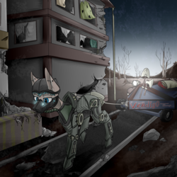Size: 2000x2000 | Tagged: safe, artist:vendigo, oc, oc only, pony, fallout equestria, armor, digital art, fallout, fallout 4, high res, male, power armor, ruins, signature, solo, stallion, wasteland