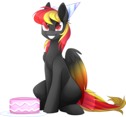 Size: 900x835 | Tagged: safe, artist:scarlet-spectrum, oc, oc only, oc:sharky, pegasus, pony, birthday, birthday cake, cake, colored wings, commission, digital art, eye clipping through hair, female, food, gradient mane, gradient tail, gradient wings, happy, hat, mare, party hat, plate, red eyes, simple background, sitting, smiling, solo, transparent background